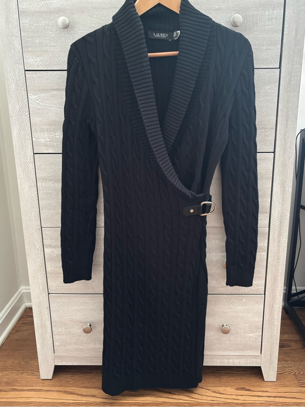 Lauren Ralph Lauren Black Cable Knit Shawl Collar Sweater Dress Size S - Picture 13 of 13